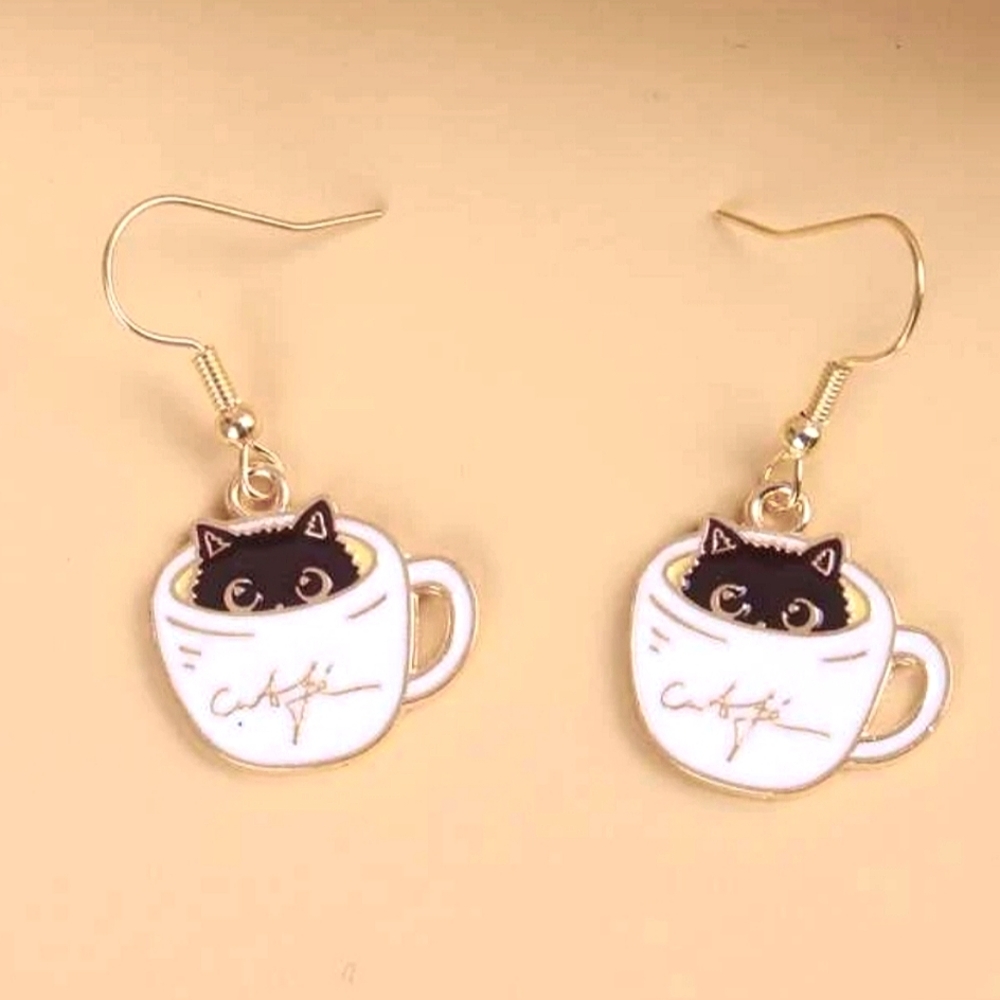Black cat in Coffee Cup Dangle earrings